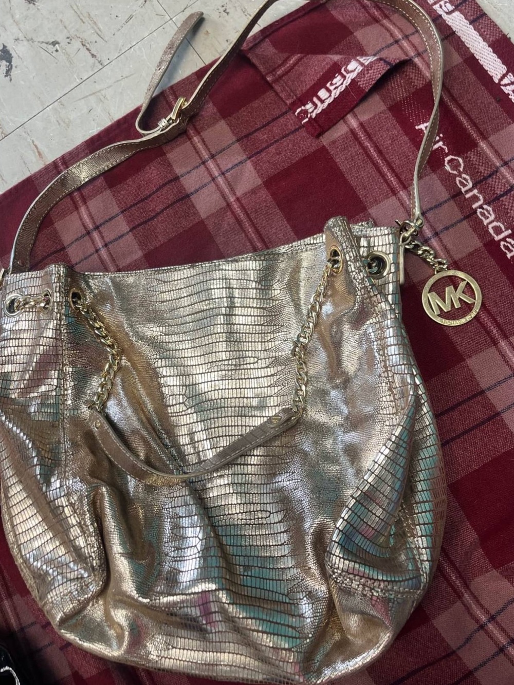Michael Kors Metallic Gold Embossed Shoulder Bag with Chain Trim